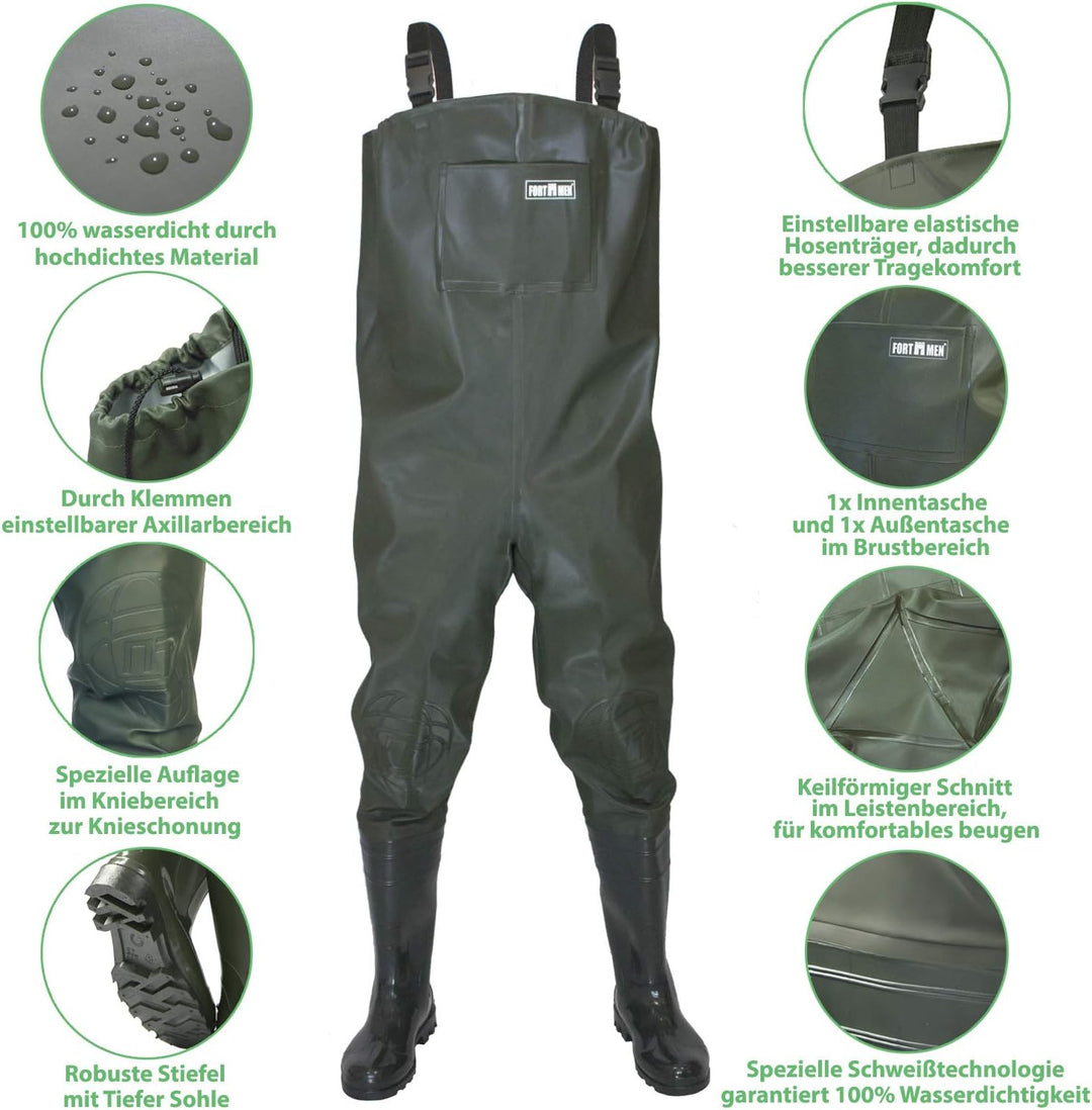 Wathose Herren Anglerhose mit Stiefel Gr 38-47 wasserdichte Watthosen Teich Fischer Watstiefel Hose,