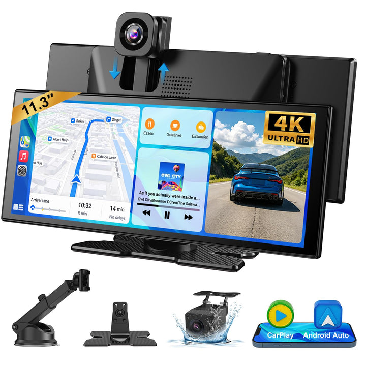 ESSGOO 11 Zoll Kabelloses CarPlay Display mit 4K 360° drehbare Frontkamera 1080P Rückfahrkamera Drah