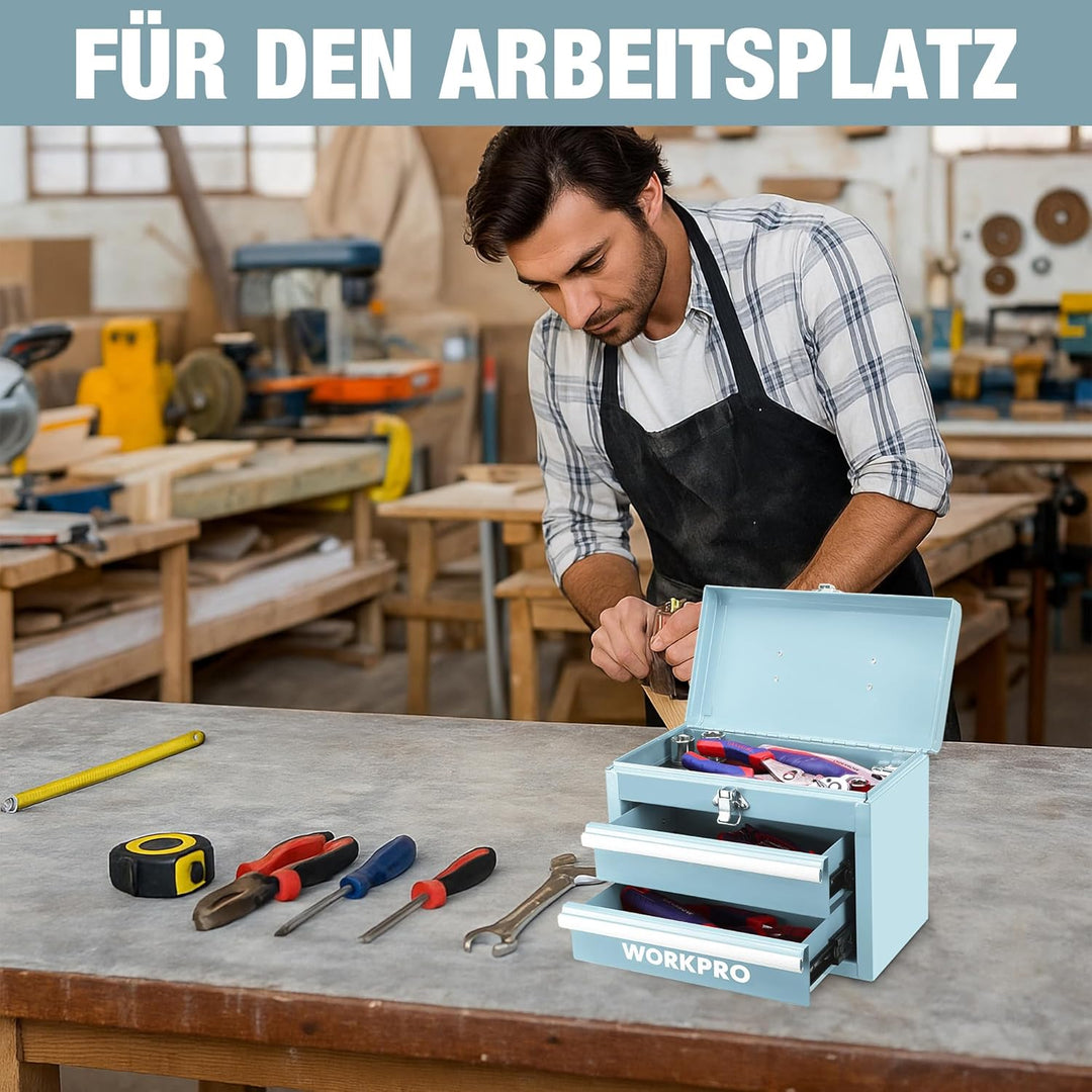 WORKPRO Metall Schubladenbox mit 2 Schubladen & Oberer Stauraum Hellblau, 27,5x15x20,8cm Tisch Organ