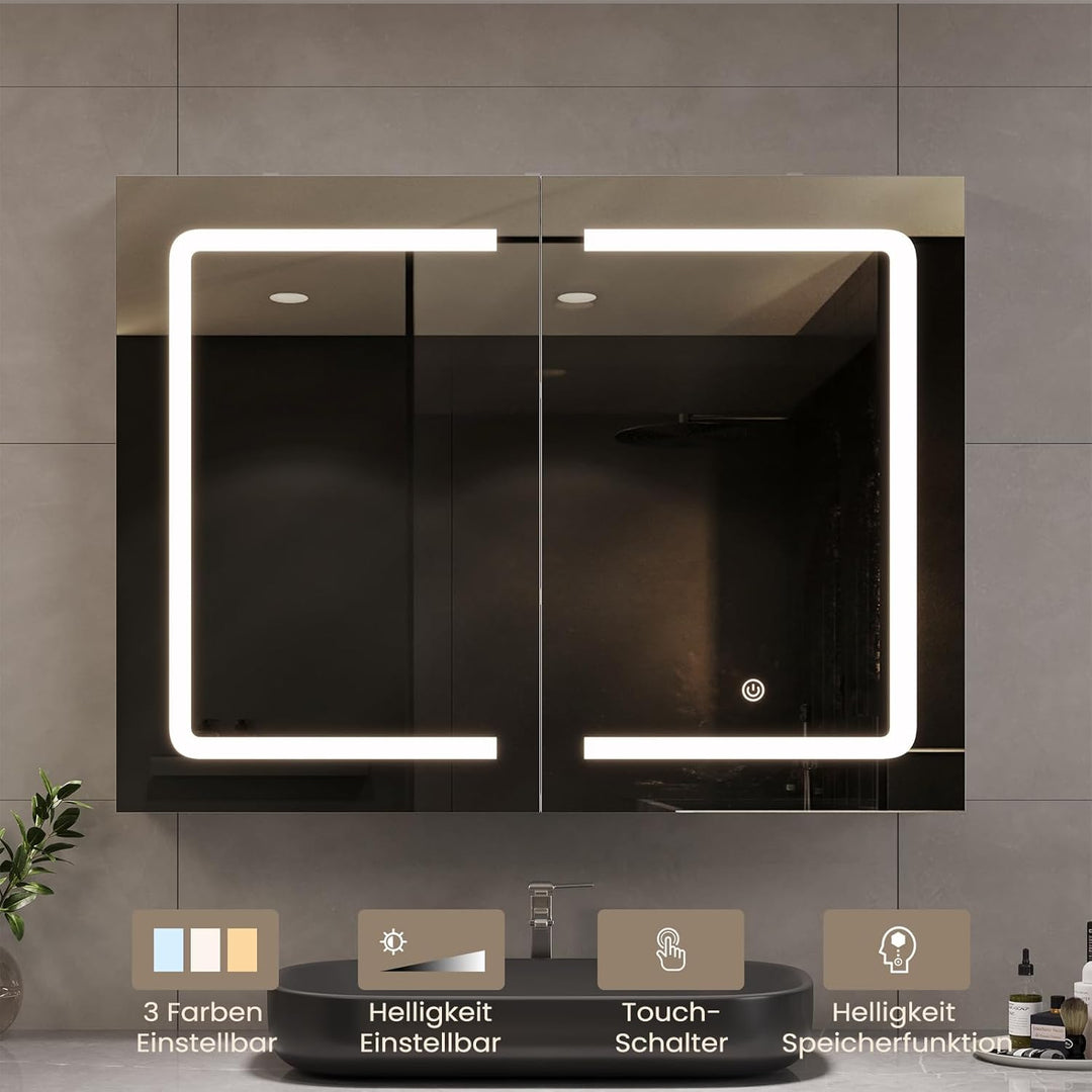 DICTAC Badezimmer spiegelschrank mit Beleuchtung 80x60x16cm Spiegelschrank Bad mit LED und Steckdose
