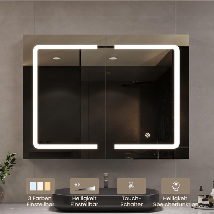 DICTAC Badezimmer spiegelschrank mit Beleuchtung 80x60x16cm Spiegelschrank Bad mit LED und Steckdose