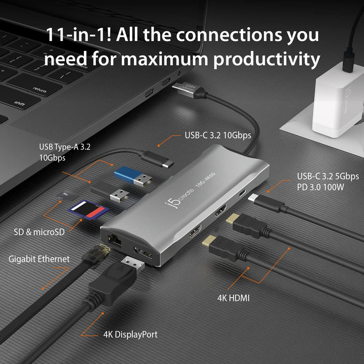 j5create USB C 4K Triple Display Hub - 4K HDMI x2, 4K DP, 2 USB-A und USB-C 10Gbps, PD 100W, Etherne