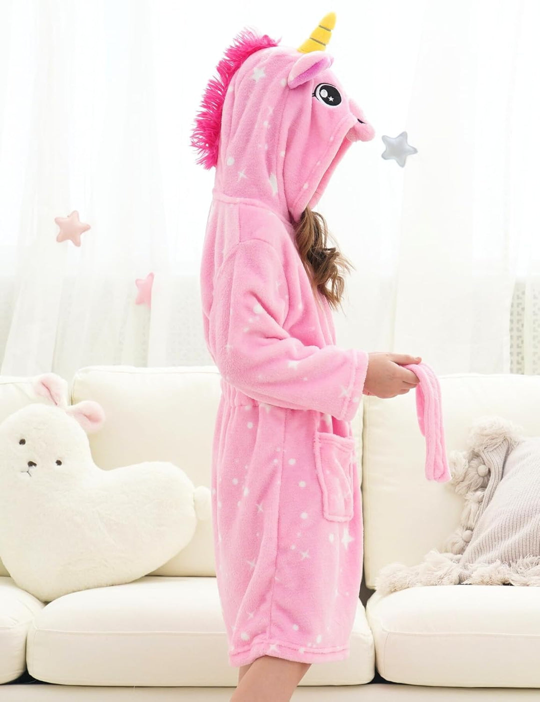 Ceruwum Einhorn Bademantel für Mädchen Weich Fleece Morgenmäntel mit Kapuze 5-6 Jahre Rosa Sterne, 5