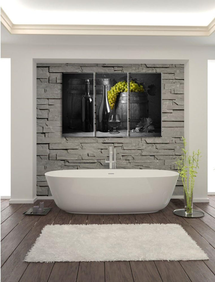 Pixxprint Fässer mit Weintrauben und Wein als Leinwandbild/Grösse: 3 Teilig (120x80) cm/Wandbild/Kun