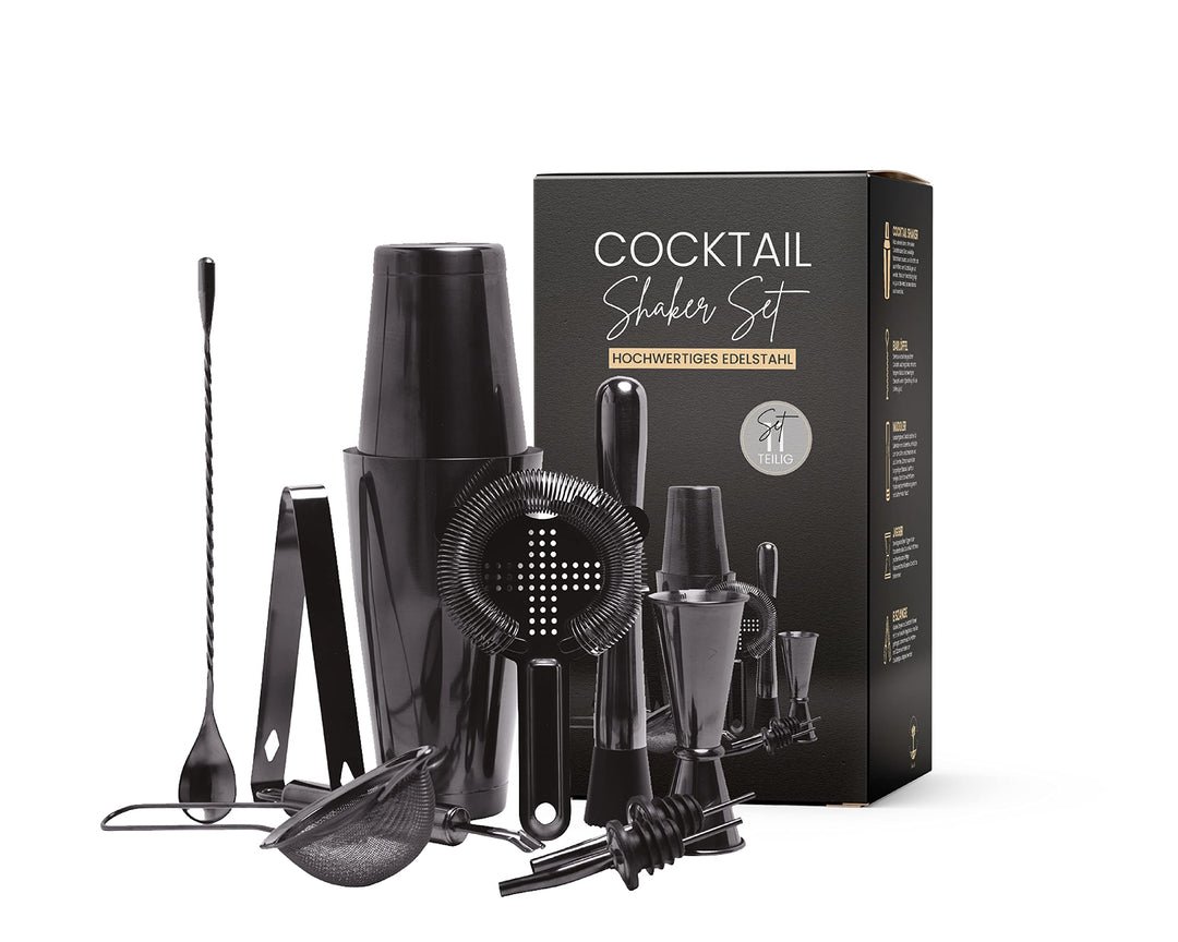 SHAKEIN Cocktail Set 12-teilig | Edles Cocktail Shaker Set in Schwarz | Grosses Cocktail Mix Set | 7