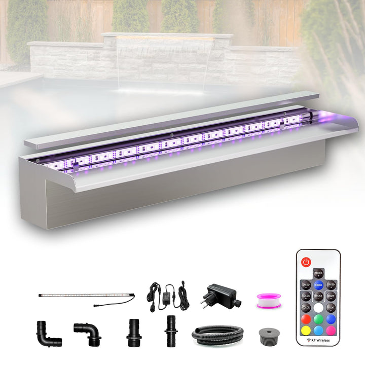 Longrun 60cm Teich Wasserfall Set, 304 Edelstahl Pool Wasserfall Brunnen mit RGB LED und Fernbedienu