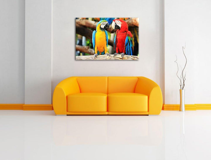 Zei Papageien auf einem Ast Format: 100x70 auf Leinwand, XXL riesige Bilder fertig gerahmt mit Keilr