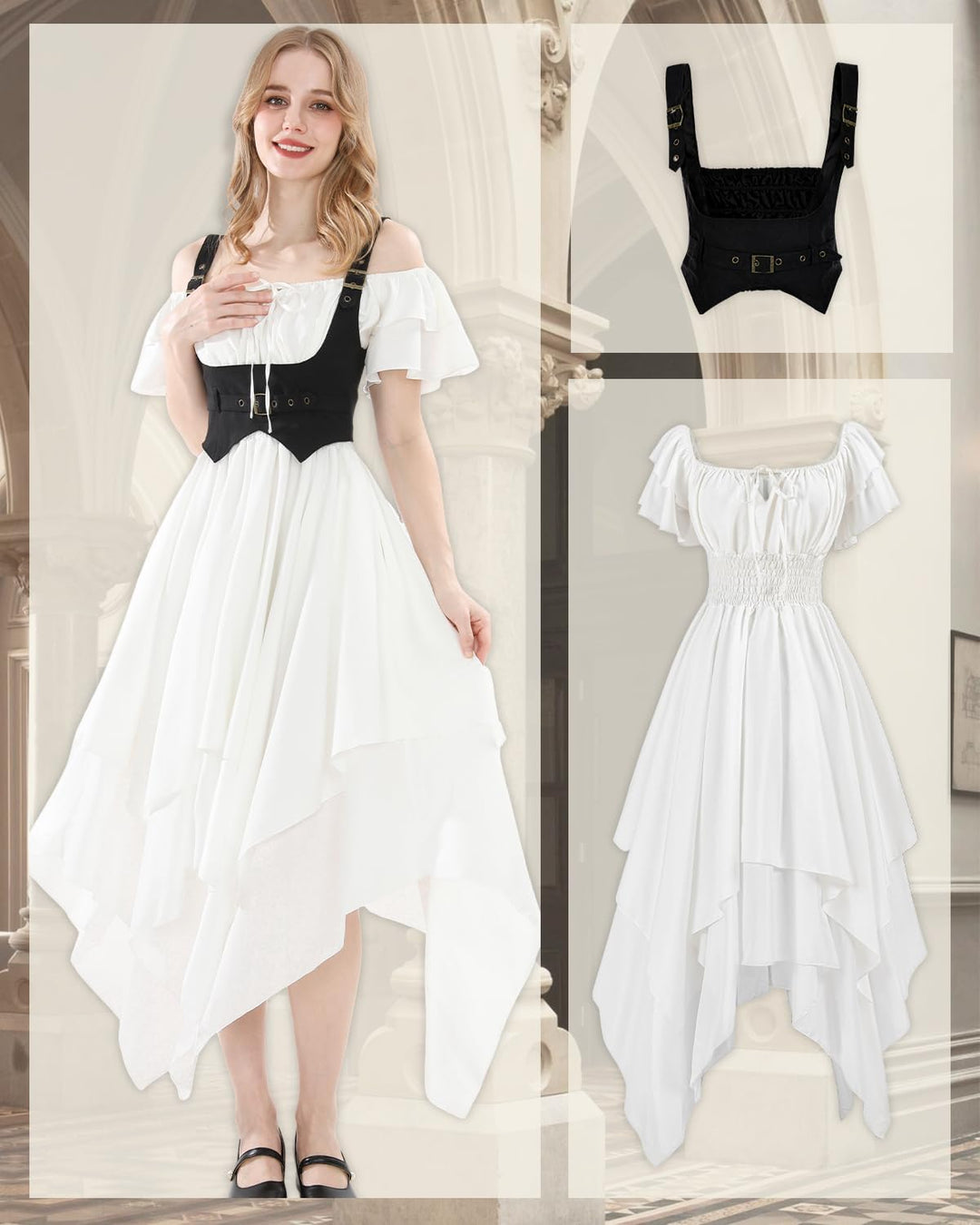 CR ROLECOS Mittelalter Kleid Damen Weiss Renaissance Kleid Gothic Hexenkleid Kurzärmelig Viktorianis