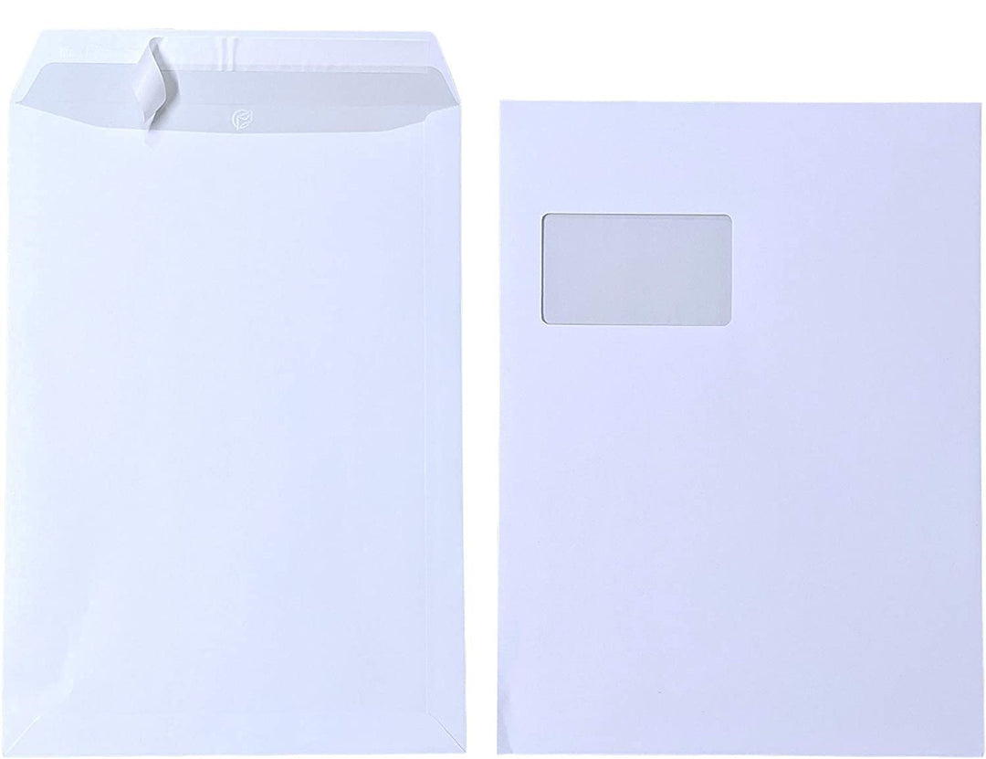 100x Versandtasche C4 A4 weiss mit Fenster, selbstklebend mit Abziehstreifen, mit grauen Innendruck,