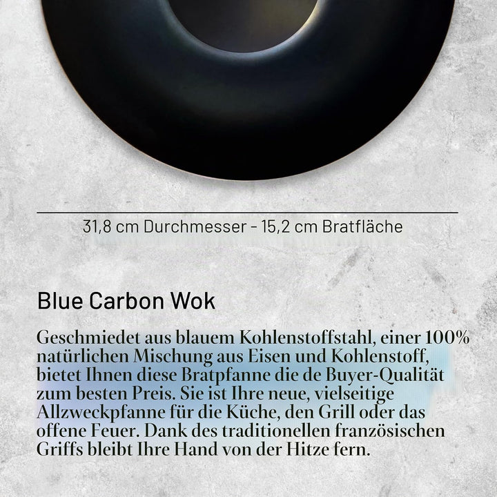 De Buyer Blaue Wokpfanne aus Karbonstahl, 2 mm dick, Zugang – 31,8 cm Durchmesser, 15 cm Kochfläche