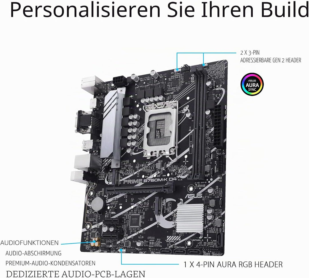 ASUS PRIME B760M-K D4 Gaming Mainboard Sockel Intel LGA 1700 (Intel B760, mATX, DDR4 Speicher, 2x PC
