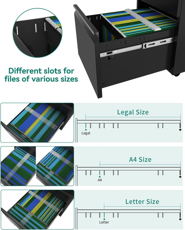 YITAHOME Mobiler Aktenschrank, Abschliessbar Rollcontainer mit 3 Schubladen für A4, Legal, Letter, M