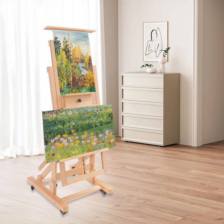 Extra grosse Kunstmalstaffelei aus Massivholz, Höhenverstellber Holzstaffelei mit Rollen &amp; Tablett,