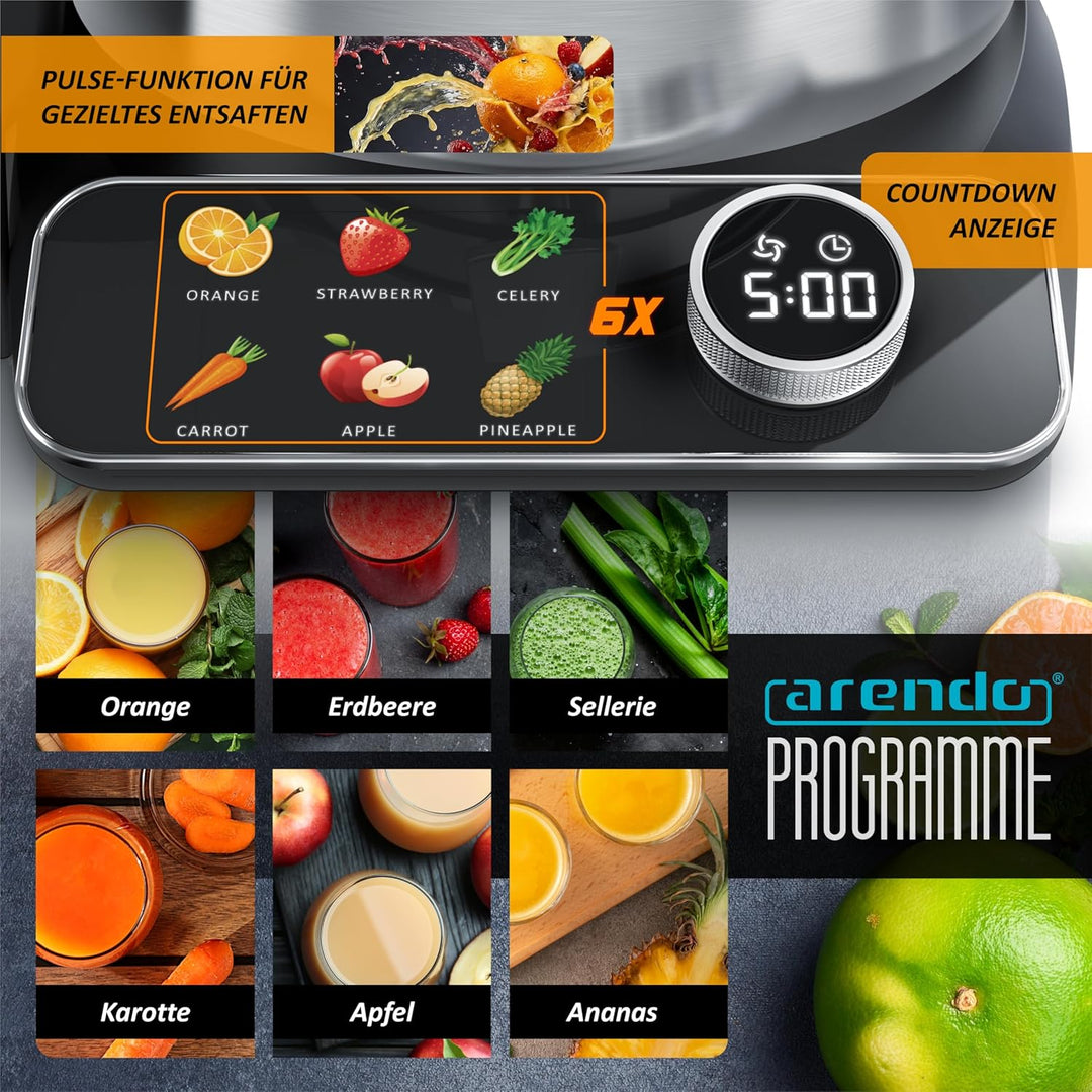 Arendo - Entsafter digital mit Display - 1 Liter – 1000 Watt – XXL Einfüllschacht – LED Display - Fa