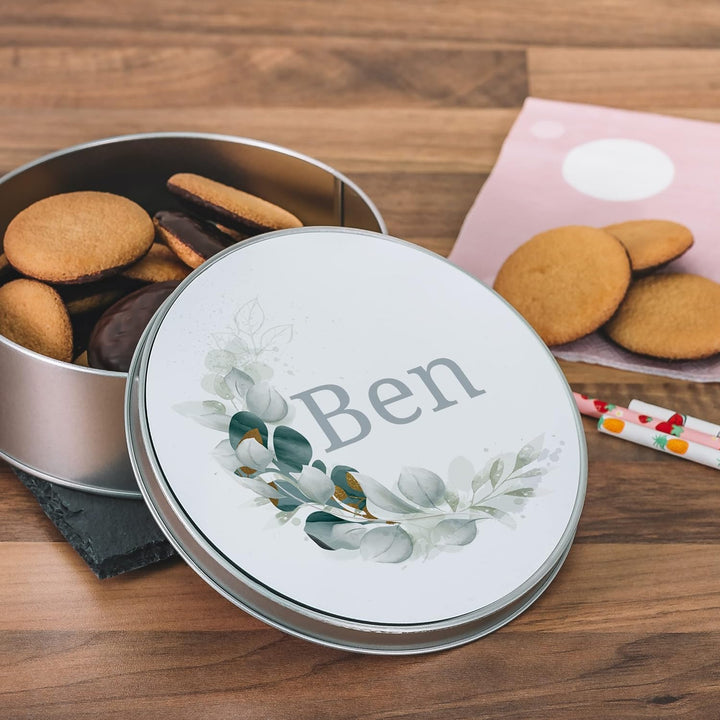 STEMPEL-FABRIK – personalisierbare runde Dose mit Name oder Wunschtext – Aquarell Motiv mit grüner M