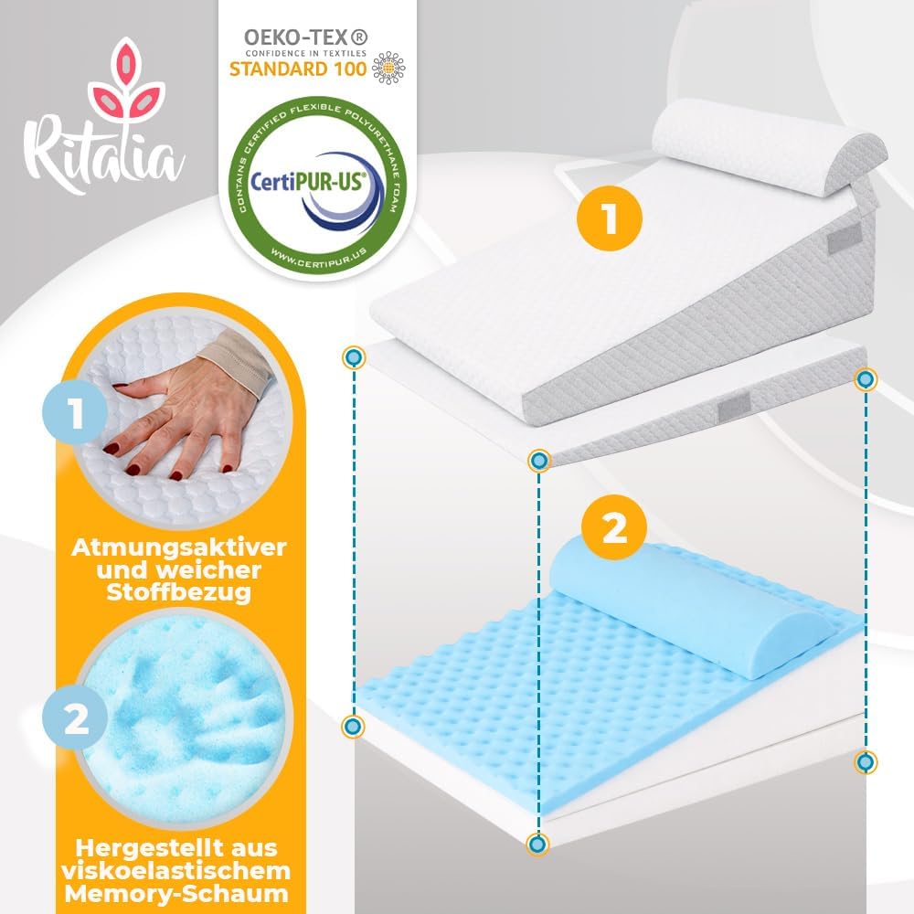 Ritalia Keilkissen 60x60x30 cm Grau | 3 Höhen | Rückenkissen Bett, Venenkissen, ergonomisches Sitzki