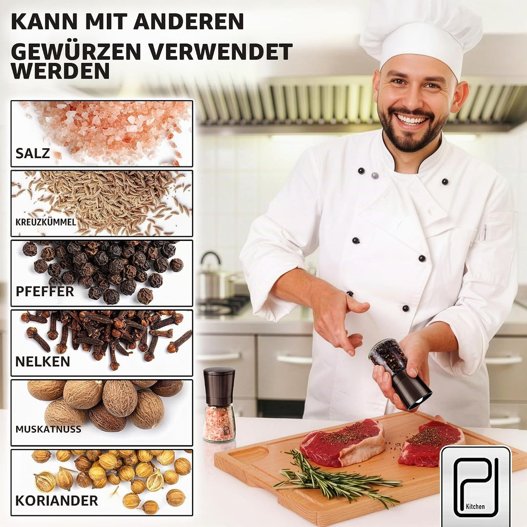 Schwarzes Edelstahl Gewürzmühle Set mit Ständer aus Bambus - Rotmetallgrauen Salz- und Pfeffermühlen