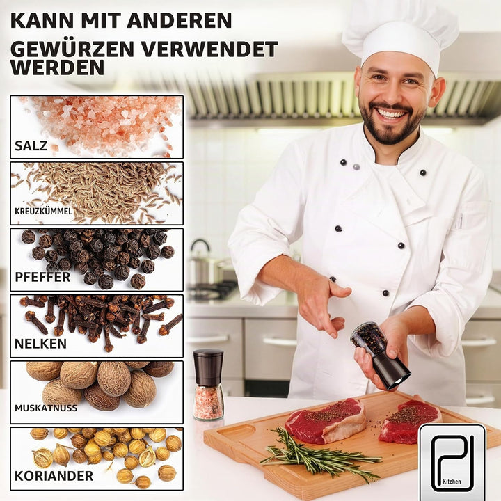 Schwarzes Edelstahl Gewürzmühle Set mit Ständer aus Bambus - Rotmetallgrauen Salz- und Pfeffermühlen