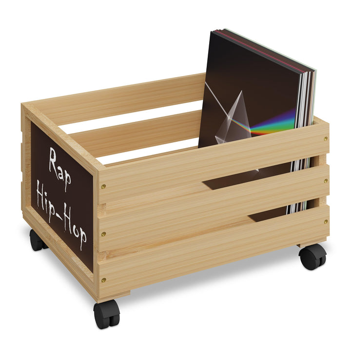 Relaxdays Schallplatten Kiste, Bambus, mit Rollen, 50-80 Vinyls, HBT: 27 x 43 x 34 cm, Aufbewahrungs