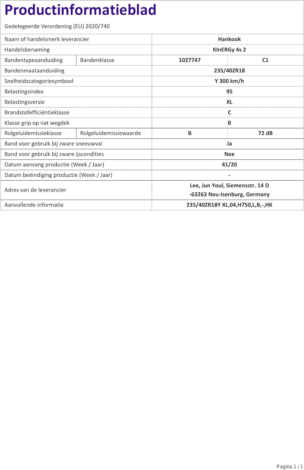 HANKOOK KINERGY 4S 2 H750 XL - 235/40R18 95Y - C/B/72dB - Ganzjahresreifen