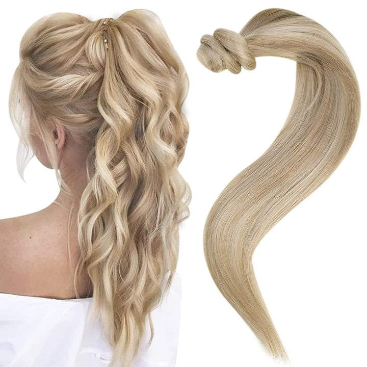 Easyouth Echthaar Zopf Extensions Pechschwarz 16 Zoll Farbe Golden Blonde Mix Mittelblond 80g Remy P