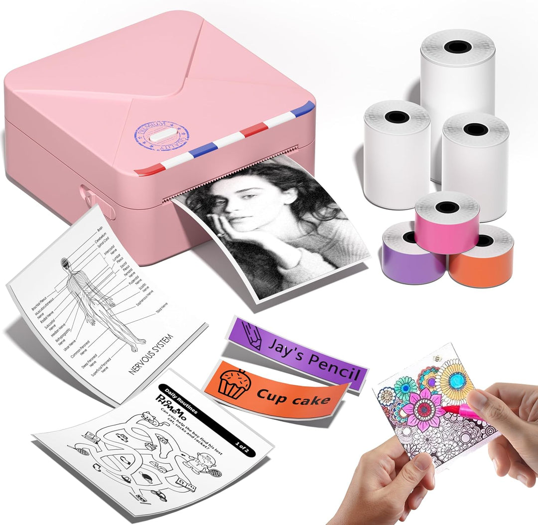 Phomemo M02S Mini Drucker für Smartphone, 300 DPI Tragbarer Thermo-Fotodrucker mit 6 Papierrollen, K