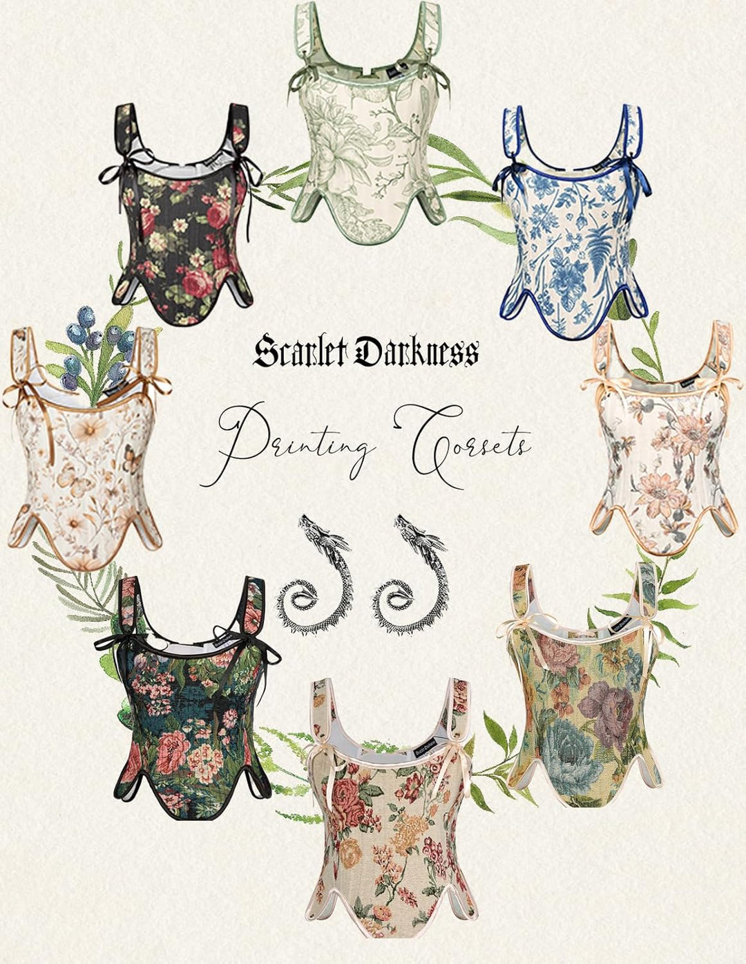 Scarlet Darkness Bustier-Top für Damen, Renaissance-Blumenmuster, Schnürung, Bodyshaper, Korsett mit