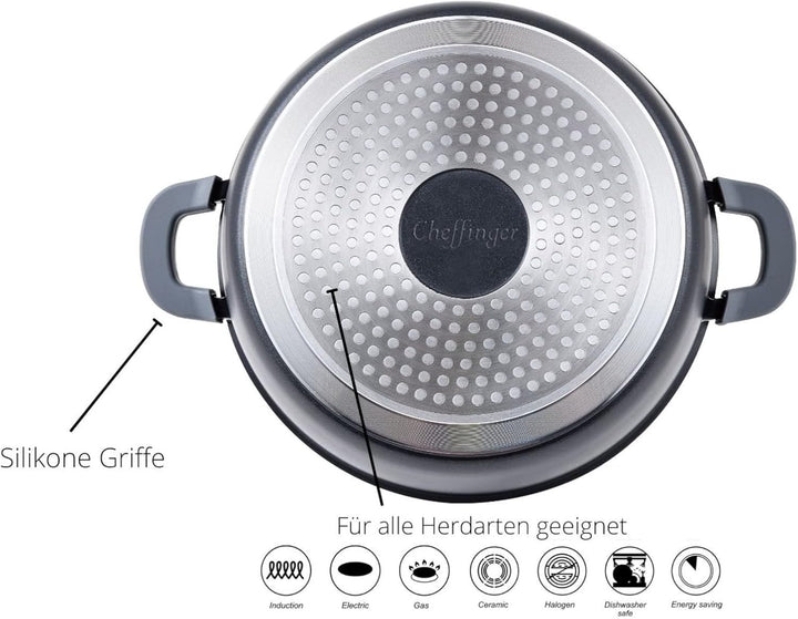 Cheffinger Kochtopf Aluguss Induktion Ø24cm Suppentopf Pfanne Topf Deckel Brattopf Schwarz, CF-DC24