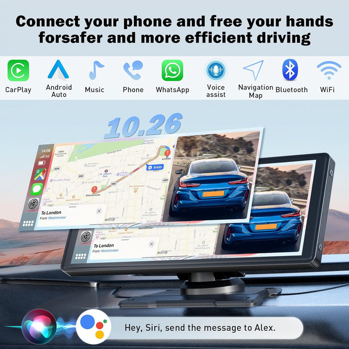 10,26 Zoll CarPlay Display, Tragbarer Car Multimedia Player mit Apple CarPlay & Android Auto, Rückfa