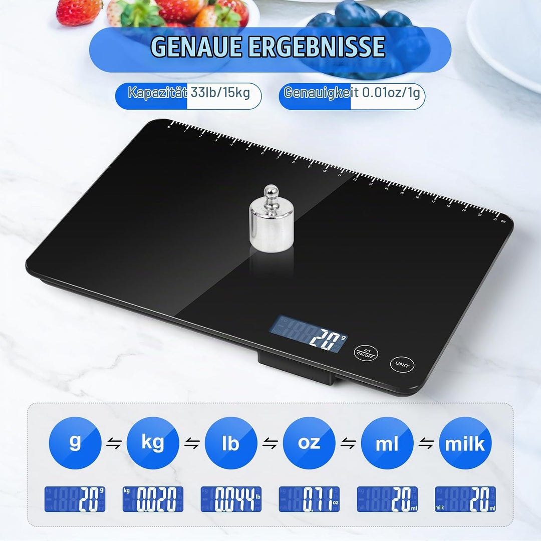 Grosse Digitale Küchenwaage 15kg, Lebensmittelwaage mit 1g Genauigkeit, Anpassbare Auto-Abschaltung