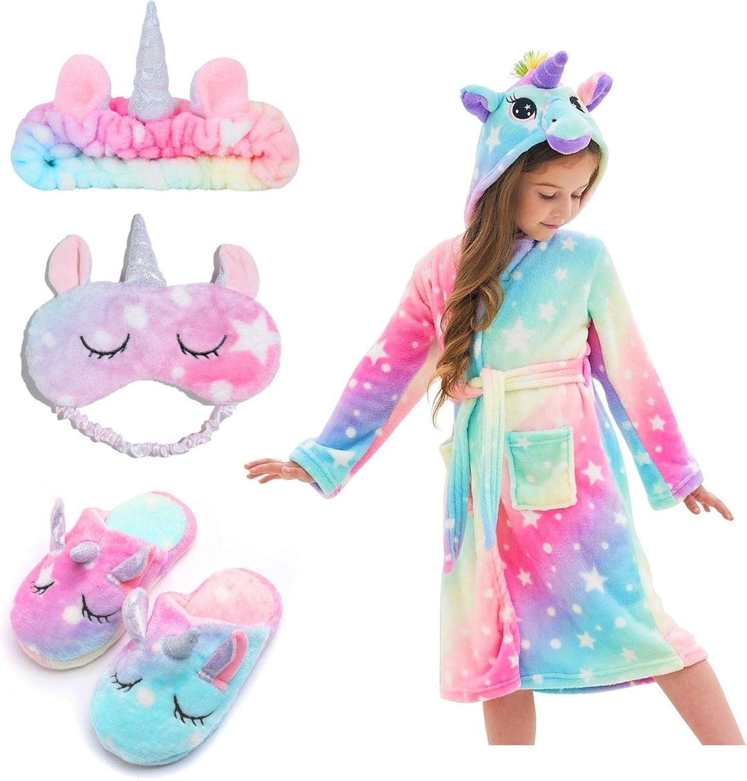 Piefry Weicher Einhorn-Bademantel mit Kapuze für Mädchen mit Einhorn-Pantoffeln, Augenbinde und Stir