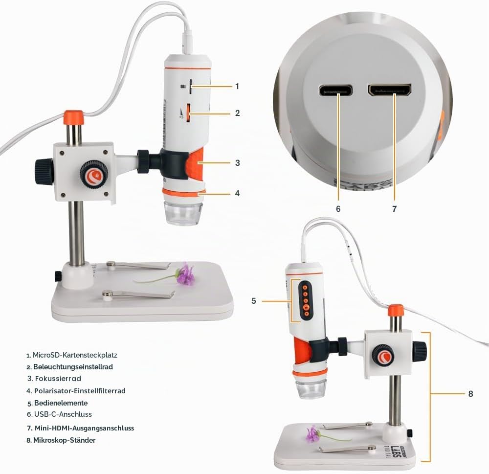 Celestron 44316 MicroDirect 1080P HDMI digitales Hand-Mikroskop, 10- bis 220-fache Vergrösserung, Gr
