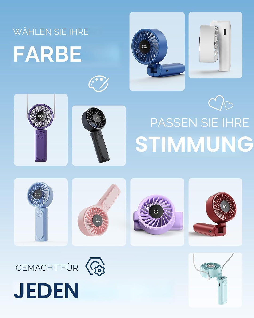 Peiyuu Handventilator, Tragbarer Mini Ventilator mit 4000 mAh, LED-Display Handventilator mit 6 Gesc