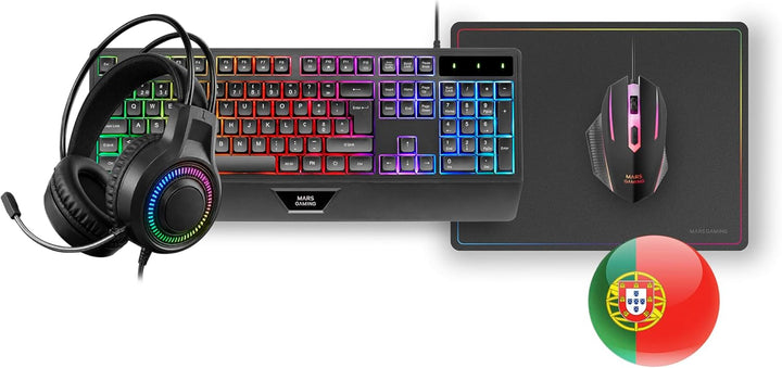 Mars Gaming MCP124PRO, Portugiesisch, Gaming-Combo 4in1, RGB H-Mech-Tastatur mit Handballenauflage,