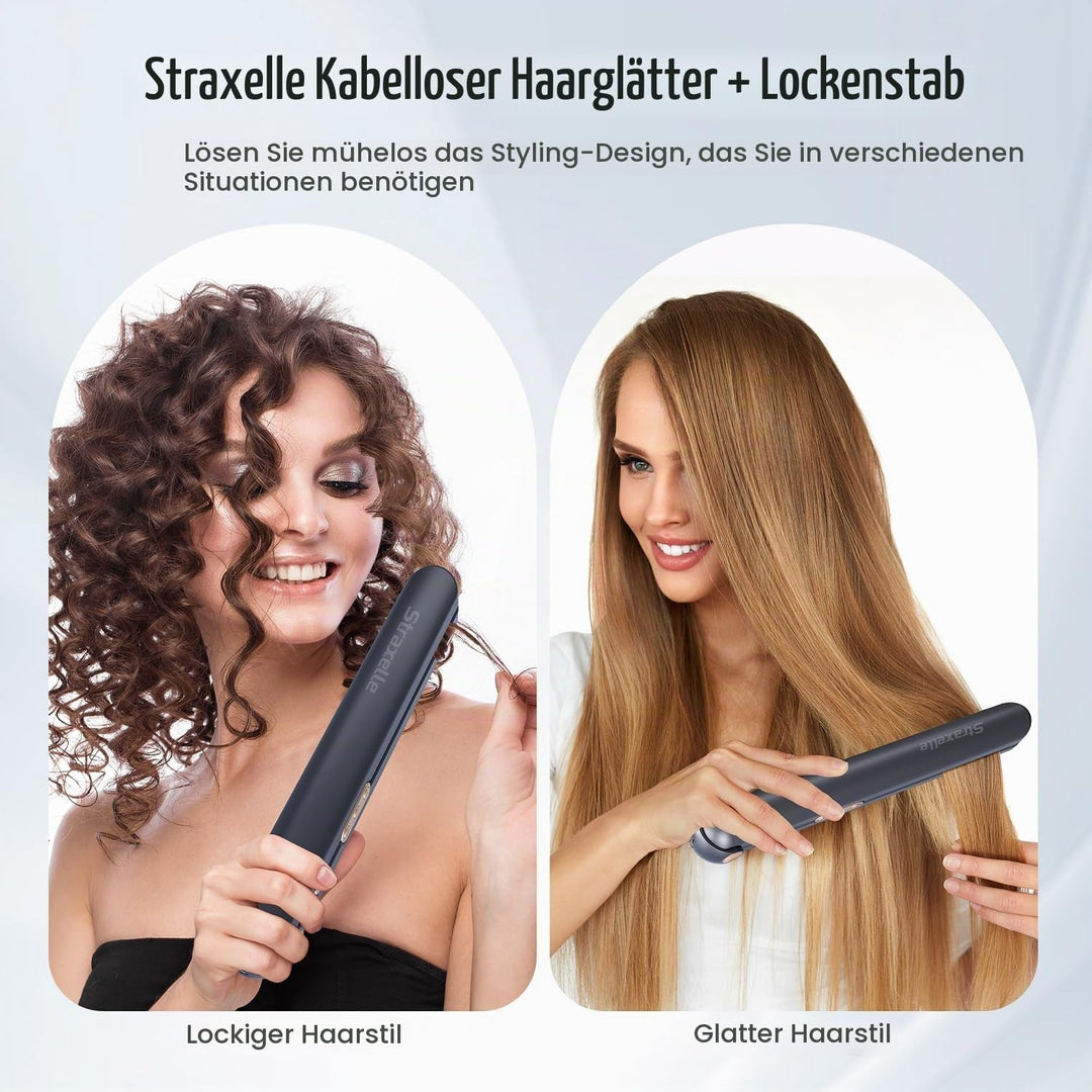 Glätteisen Kabellos und Lockenstab 2 in 1, 175°C-215°C Cordless Hair Straightener mit LED-Anzeige, H