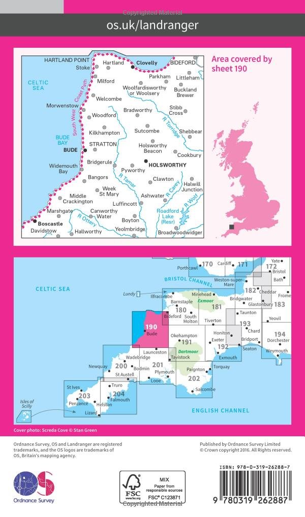 Bude & Clovelly, Boscastle & Holsworthy (OS Landranger Map, Band 190), Karte