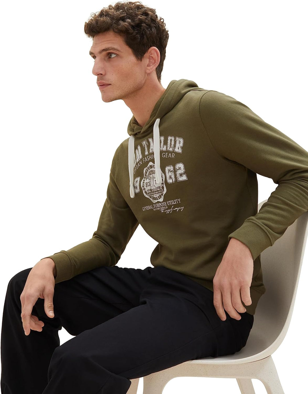TOM TAILOR Herren Basic Hoodie Sweatshirt mit Logo-Print L 13050 - Olive Night Green, L 13050 - Oliv