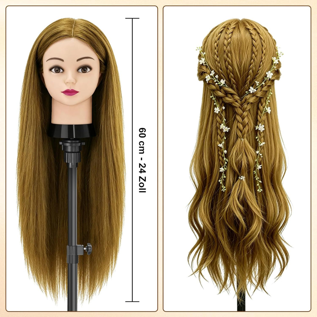TwoWin Frisierkopf 80% Echthaar, Übungskopf 24 Zoll /60cm Friseurkopf, Trainingskopf für Friseure fü