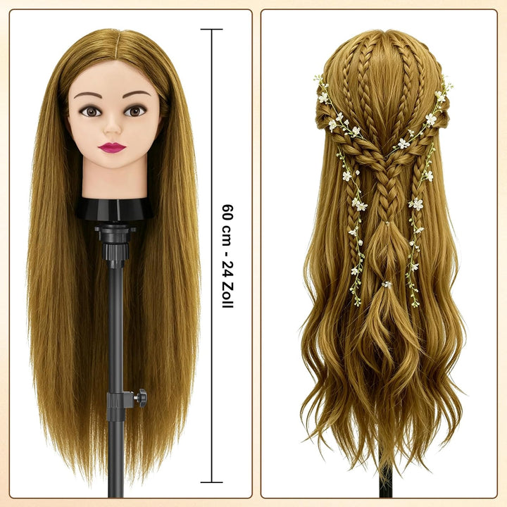 TwoWin Frisierkopf 80% Echthaar, Übungskopf 24 Zoll /60cm Friseurkopf, Trainingskopf für Friseure fü