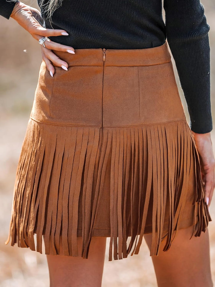 CUPSHE Damen Rock High Waist Fransen Wildleder Kurze Röcke Minirock Freizeitrock Wildlederimitat Wes