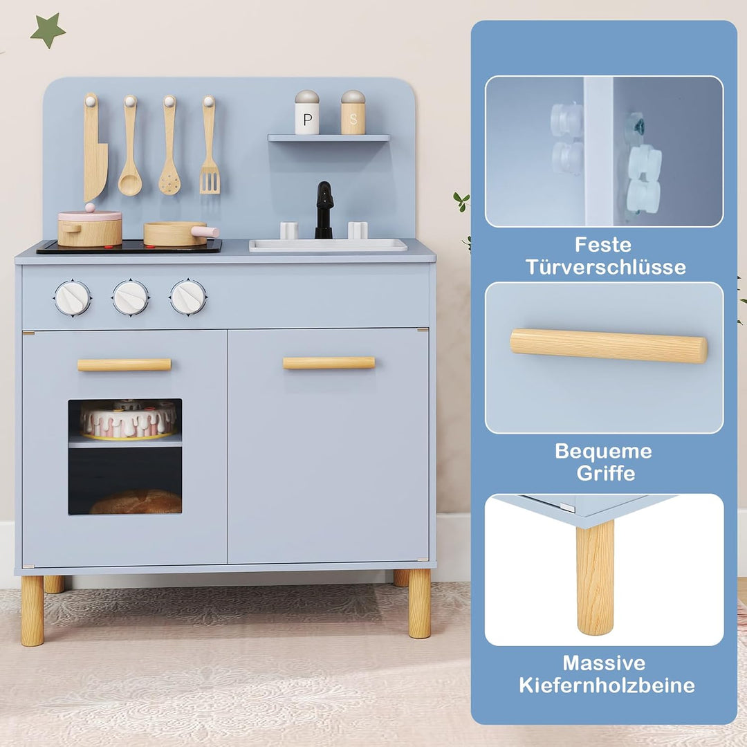 COSTWAY Kinderküche mit 10 Zubehör, Spielküche Holz mit Licht und Sound, Spielzeugküche mit Herd & S