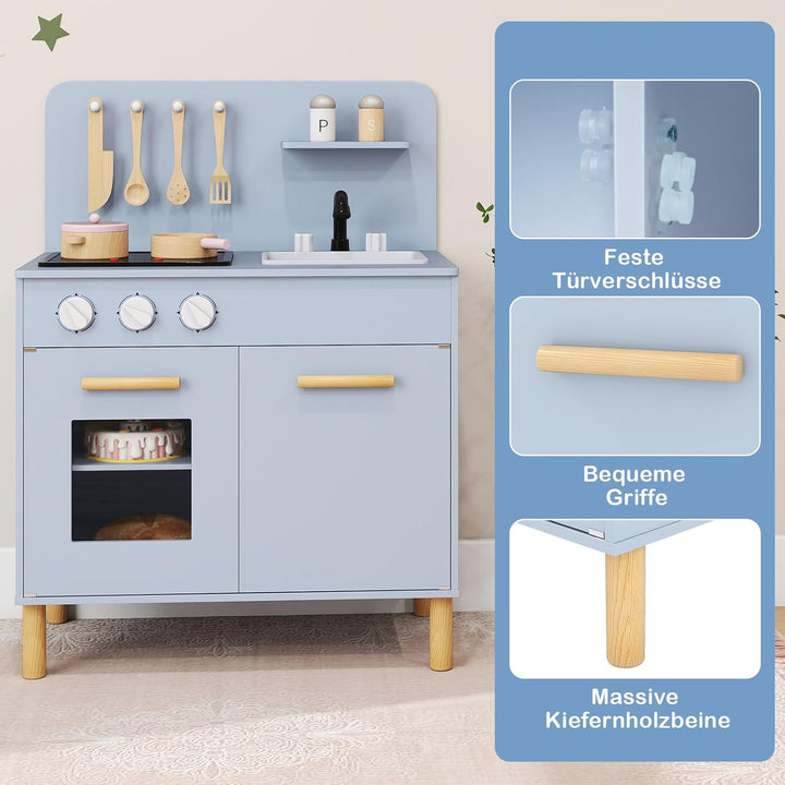 COSTWAY Kinderküche mit 10 Zubehör, Spielküche Holz mit Licht und Sound, Spielzeugküche mit Herd & S