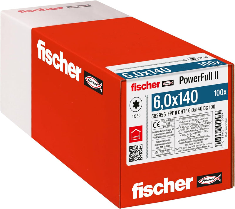 fischer PowerFull II 6,0 x 140, Premium Vollgewindeschraube (100 Stk.) mit innovativer Spitzengeomet