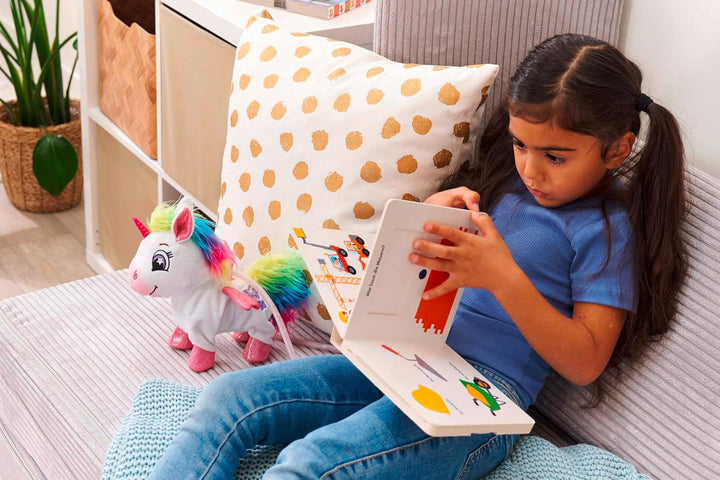 Simba PetZoo Rainbow Unicorn, Spielzeug Haustier, mit Regenbogen-LED Kabelsteuerung, Sounds, läuft,