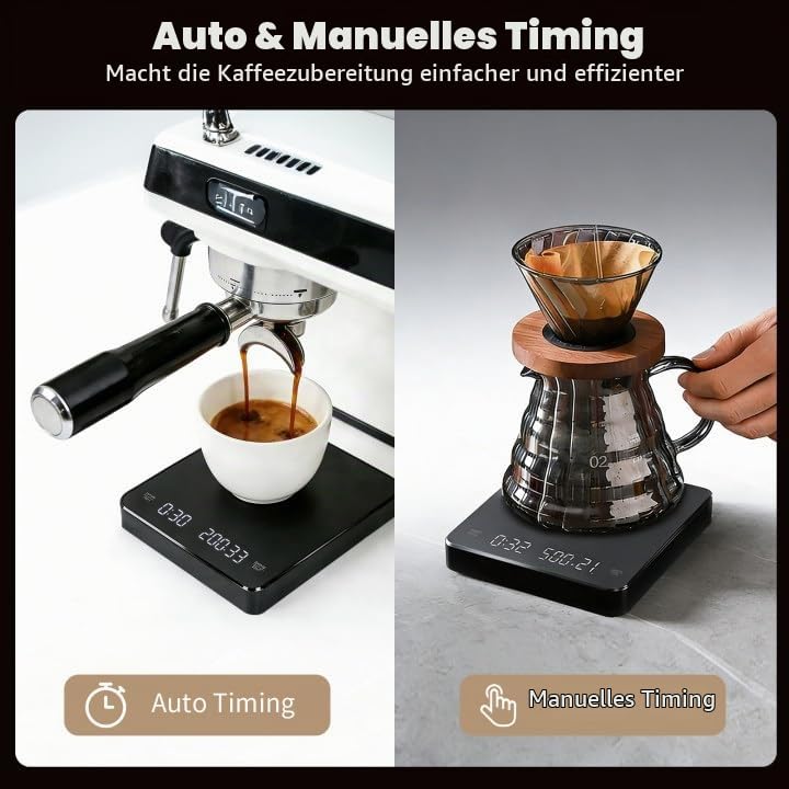 Kaffeewaage mit Timer, 3kg/0.1g Wiederaufladbare Digitale Küchenwaage, Tragbar mit LED-Anzeige &amp; Aut