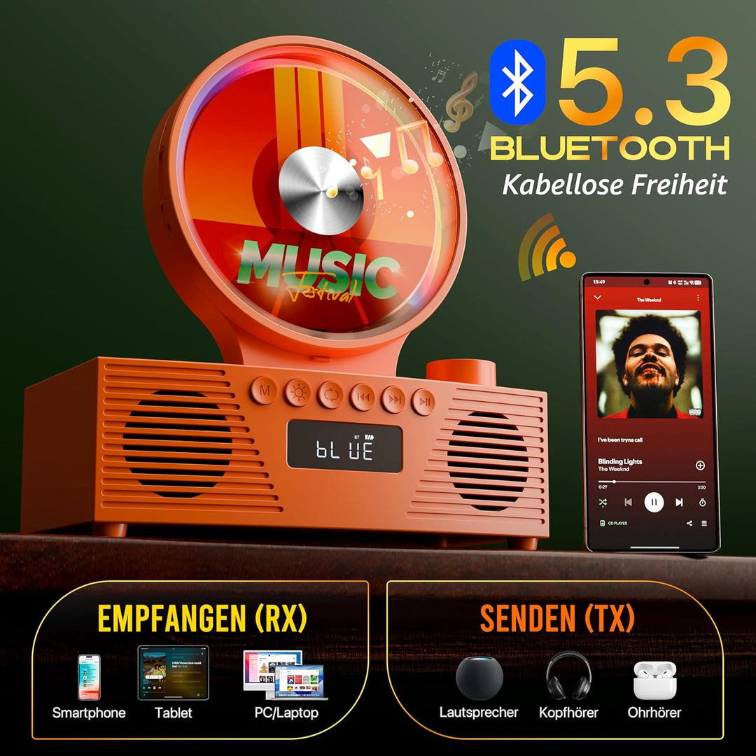 ROADOM Tragbarer CD-Player mit Bluetooth, Hi-Fi Stereo & Akku | Bluetooth TX & RX, 4000mAh Akku, Ret
