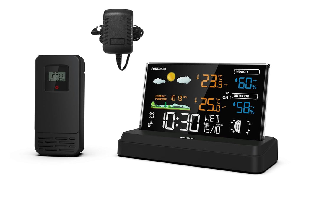 SOUCCESS FUNK-WETTERSTATION "DELUXE" - FARBIGE WETTERSTATION MIT FUNKUHR, WETTERDATEN, AUSSENSENSOR,