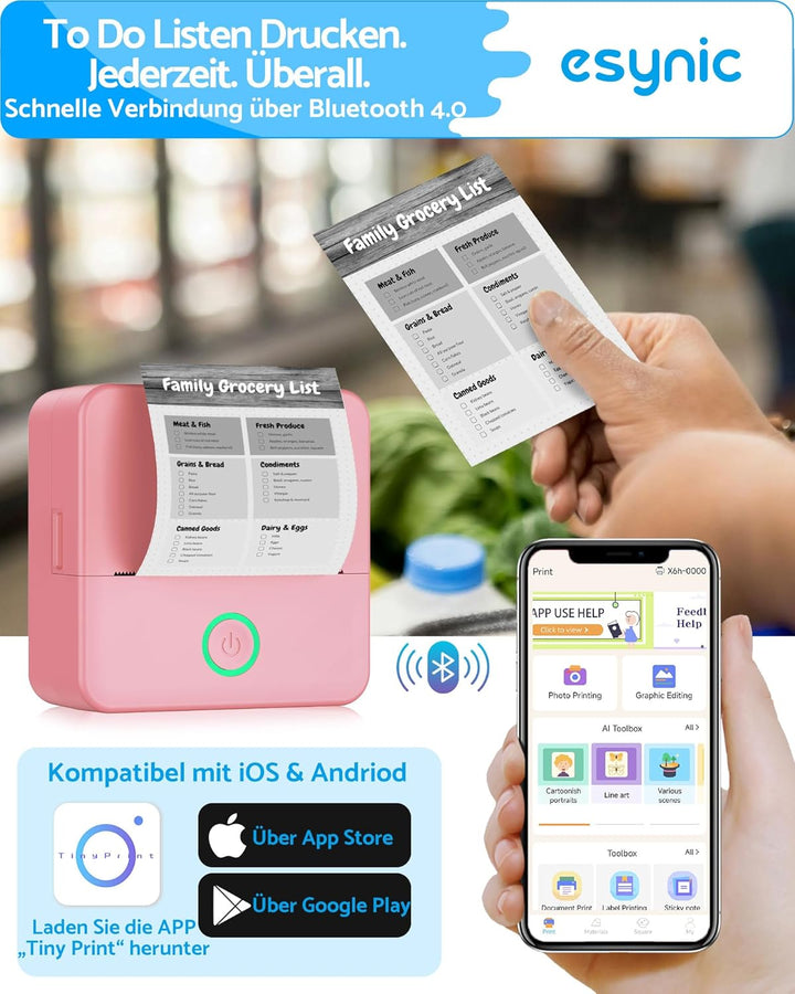 eSynic Mini Drucker – 200 DPI Thermodrucker Bluetooth Drucker für Smartphone, Kompakt und Tragbar, K