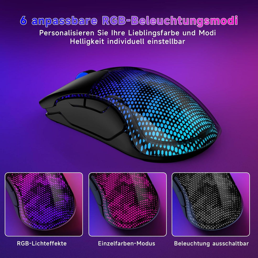 Gaming Maus Kabellos, 12K DPI, 2,4g/USB-C/Bluetooth 5.3 Gaming Mouse, GrossE RGB-Hintergrundbeleucht