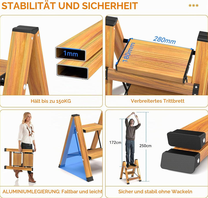 KULACO Klapptritt, Trittleiter 2 Stufen Klappbar, Aluminium Klappleiter, Tragbare Stufenleiter, Ruts